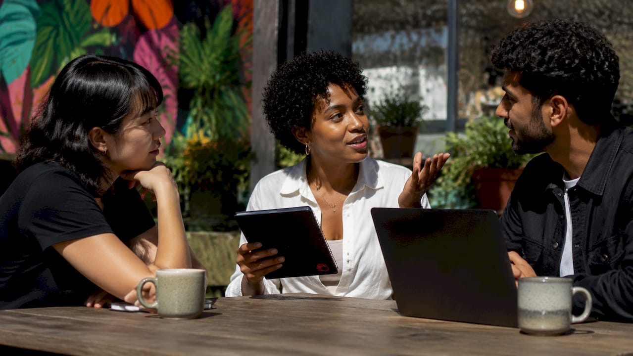 Diverse SMB team collaborating and brainstorming content