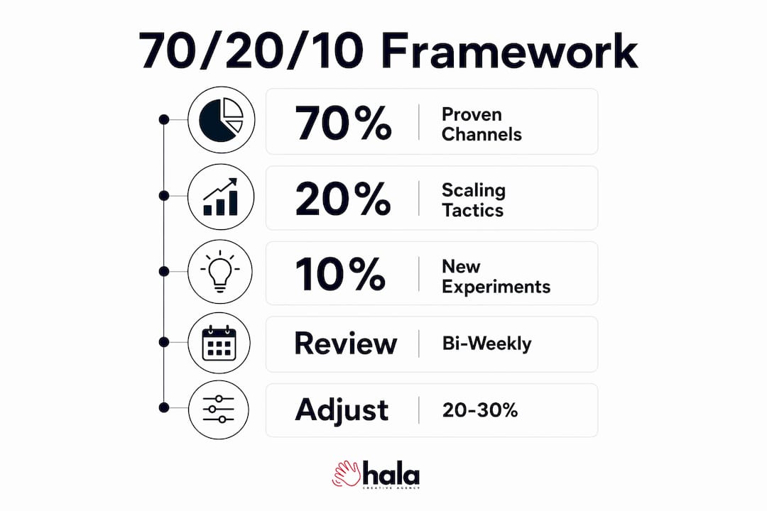 Infographic illustrating the 70/20/10 marketing budget framework