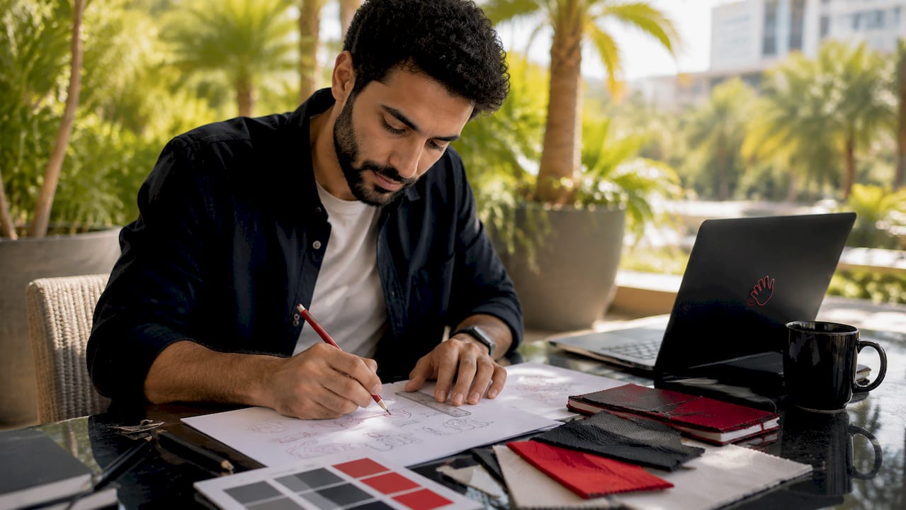 Graphic designer sketching logo concepts in studio