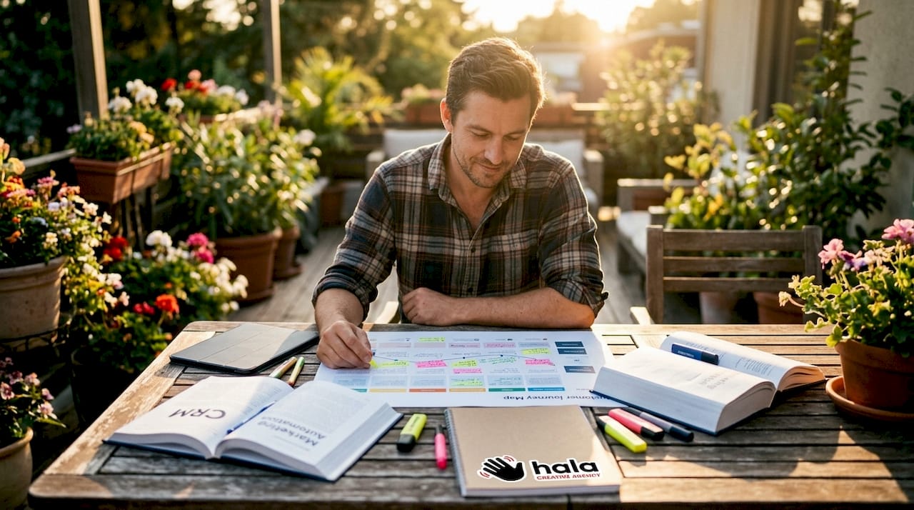 Hands planning marketing automation workflow on paper