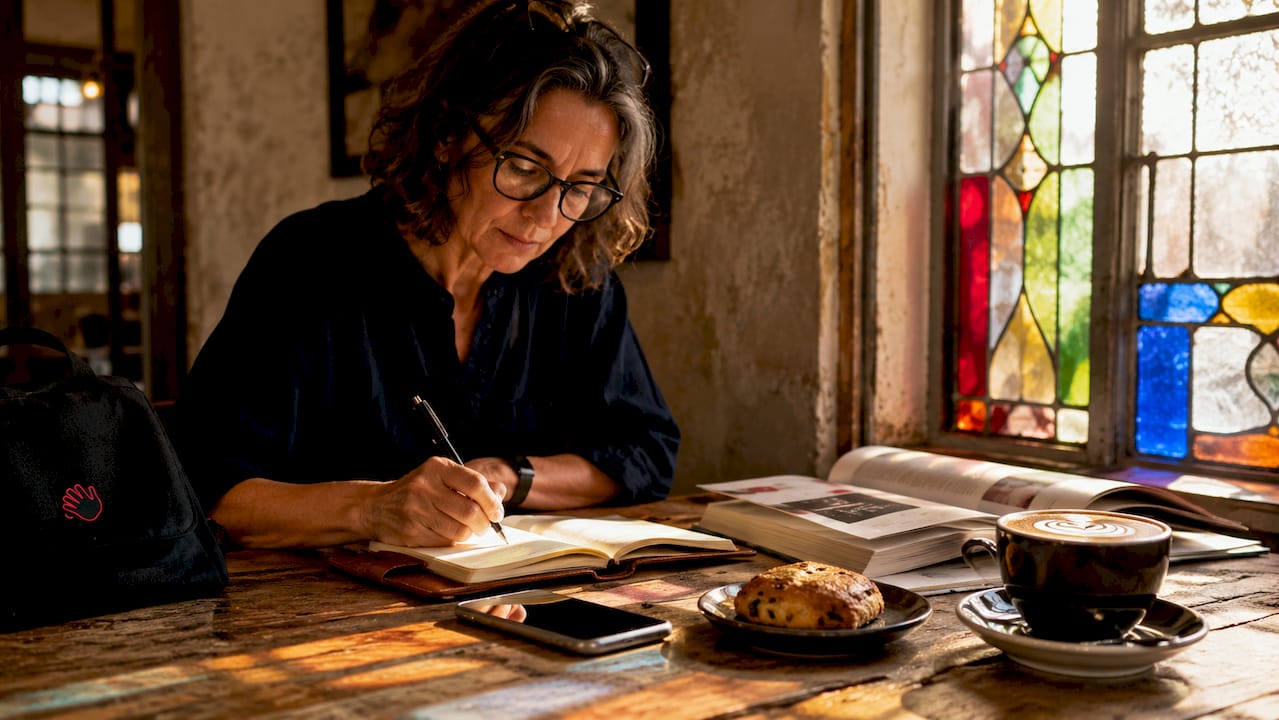 Copywriter writing brand voice guide notes in café