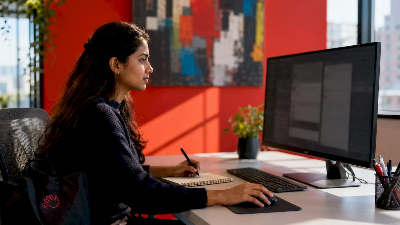 Hands using ORM dashboard at modern office desk