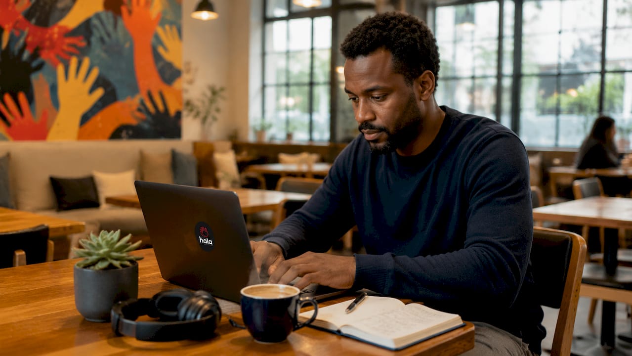 Hands typing on laptop in coworking space
