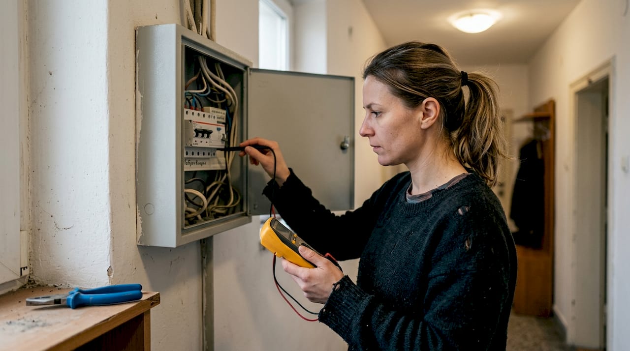 След като смени електрическото табло, жената измерва напрежението, за да се увери, че всичко работи правилно.