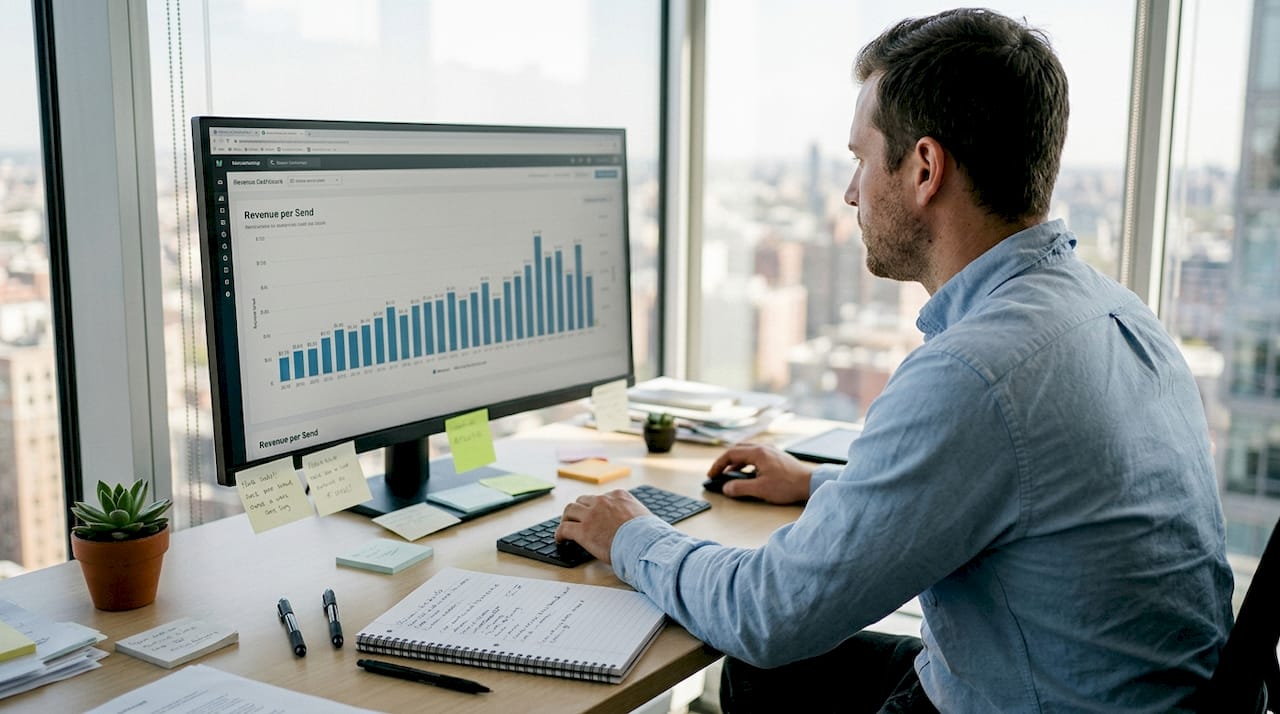 Marketer reviewing email campaign revenue data