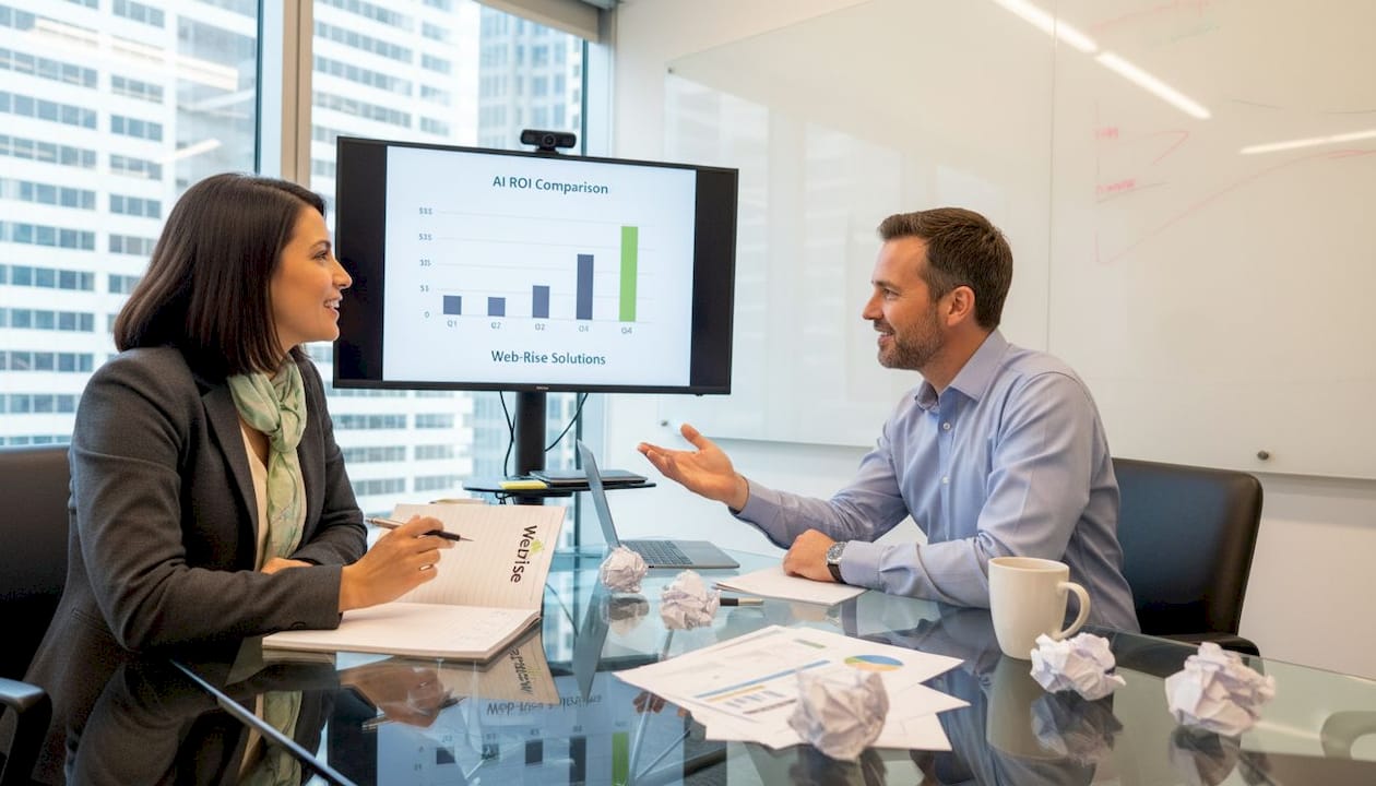 Team discusses AI marketing strategies in boardroom