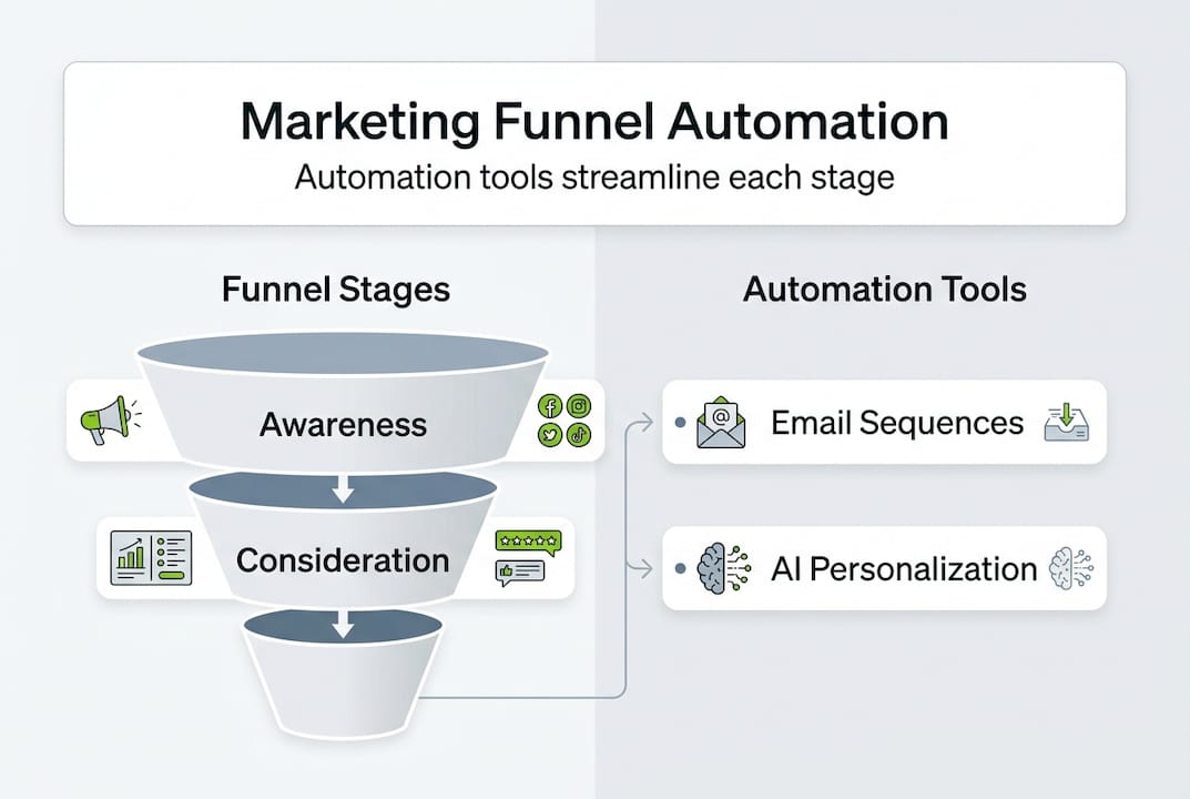 Infographic mapping funnel stages to automation tools