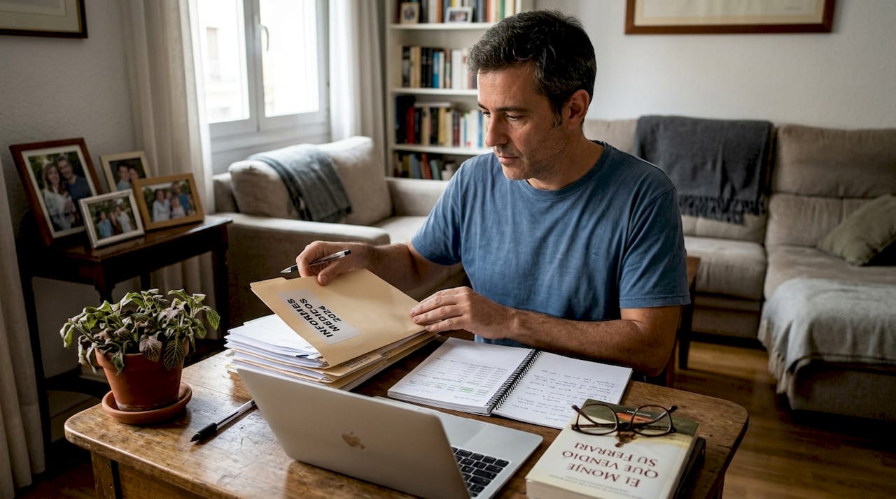 Un hombre revisando y ordenando expedientes médicos sobre su escritorio.