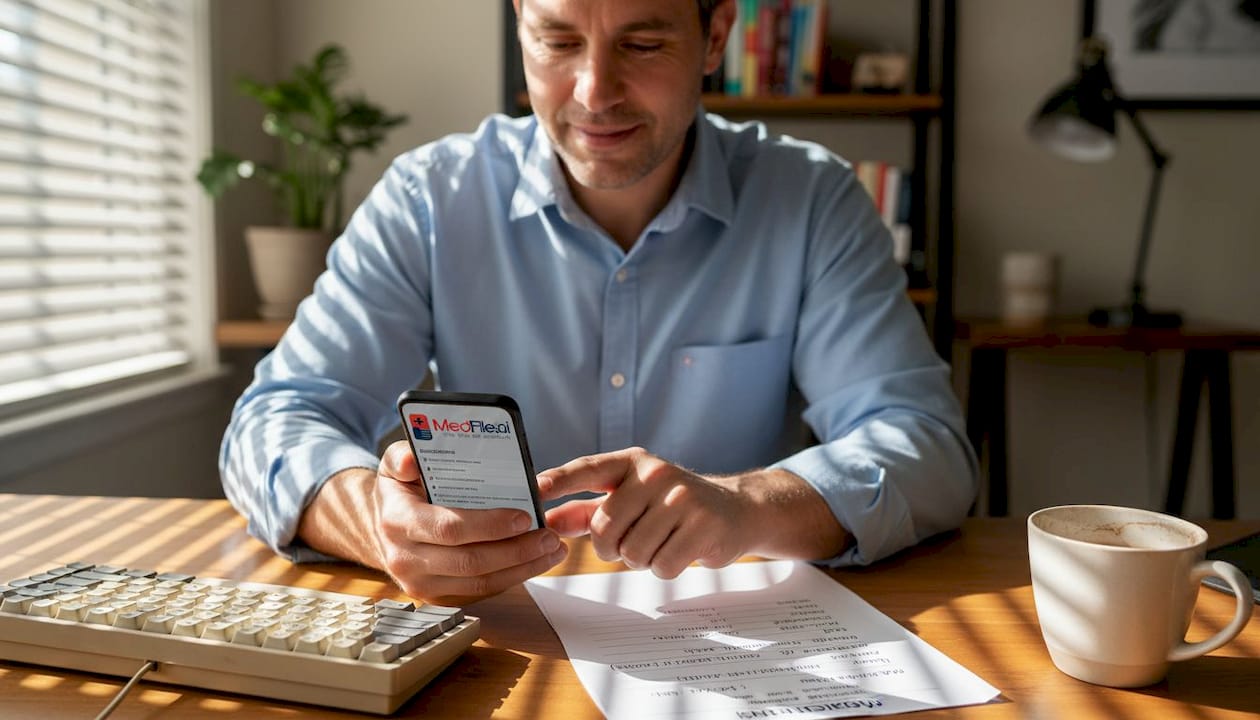 Father tracking family health information at desk