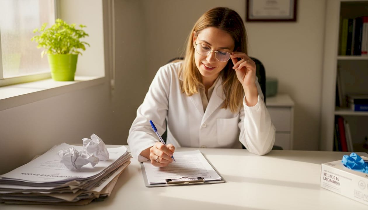 Doctora revisando y organizando el historial médico y los resultados de los estudios