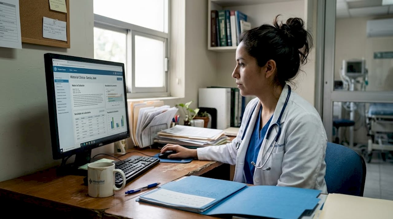 Una doctora revisa el historial médico digital de un paciente en el hospital.