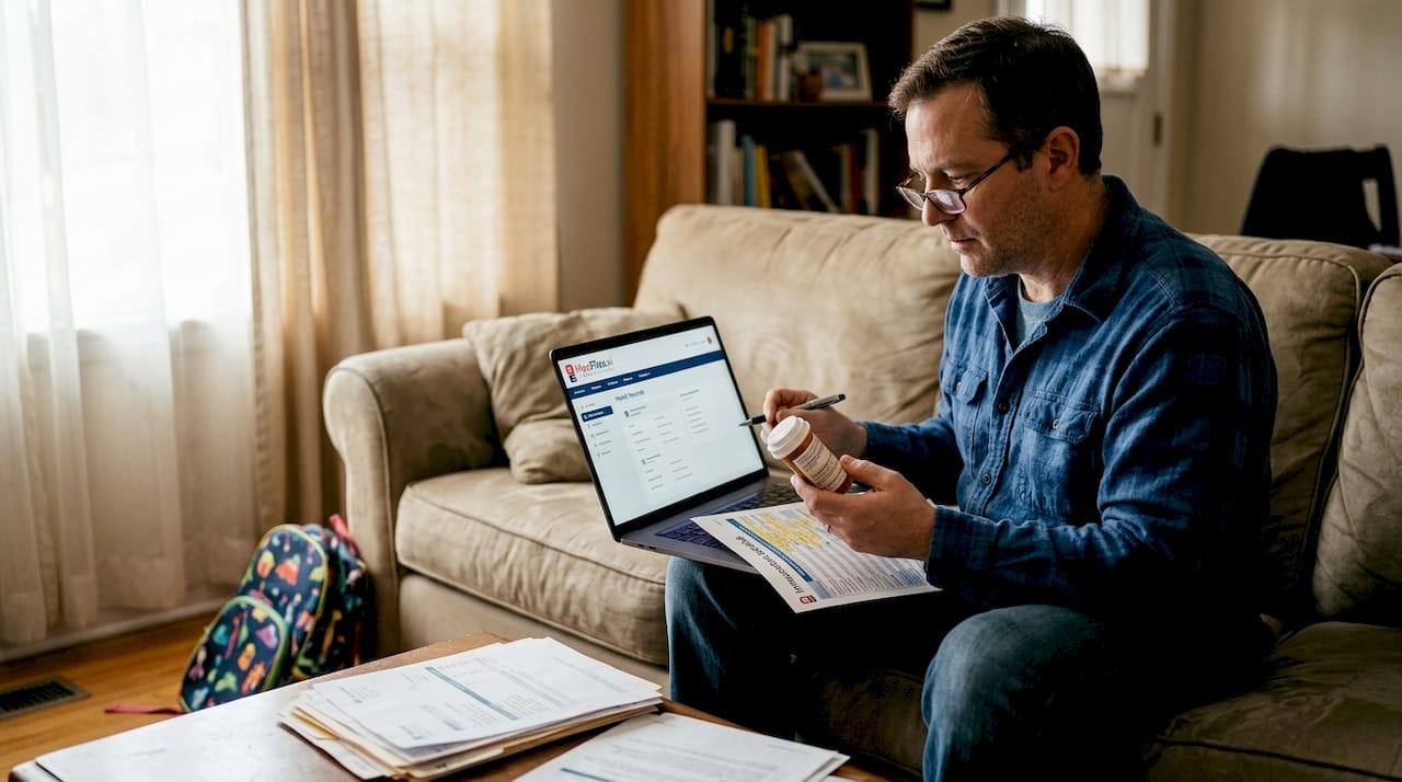 Caregiver managing health records in living room