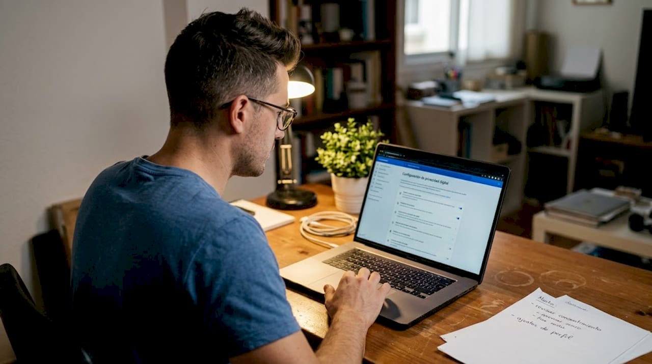 Un hombre comprueba las opciones de privacidad en sus cuentas digitales.