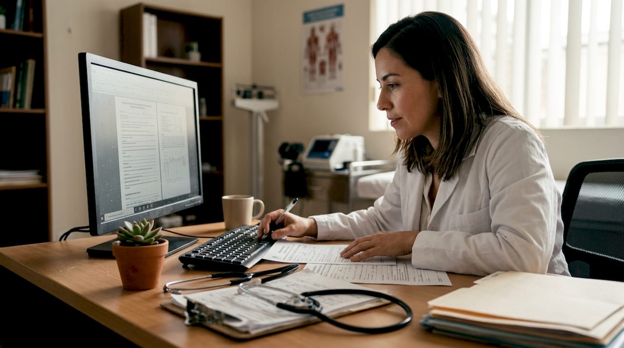 La doctora consulta el historial médico de sus pacientes en la computadora de su consultorio.