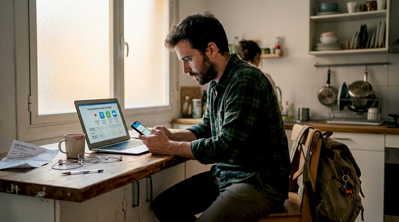 Hombre revisando y comparando aplicaciones de salud para su próximo viaje