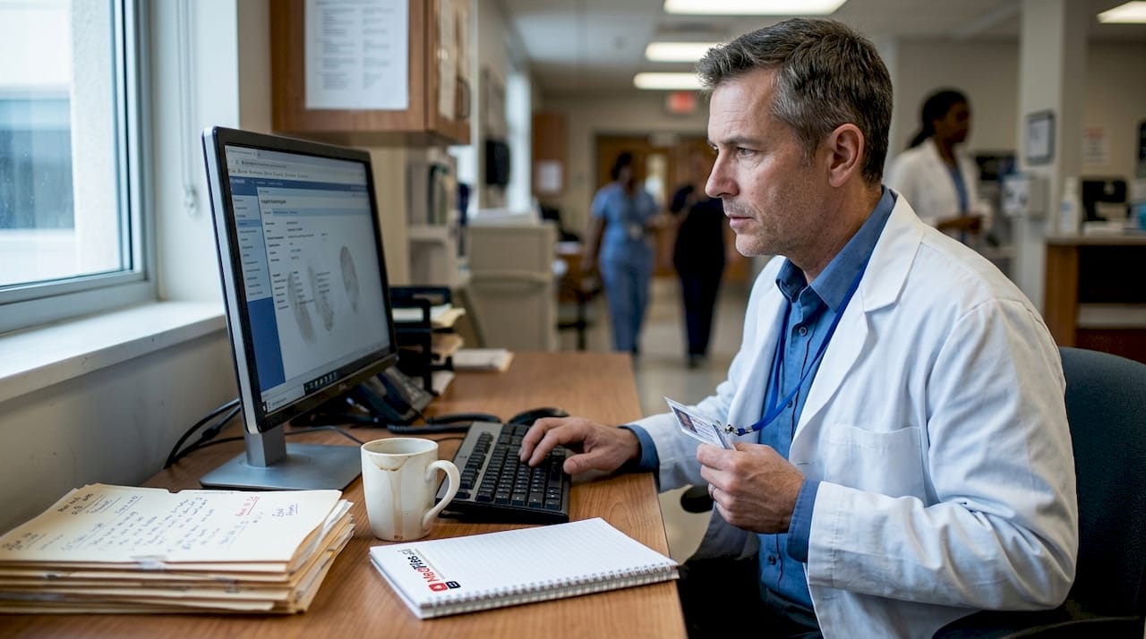 Doctor reviews digital records at hospital desk