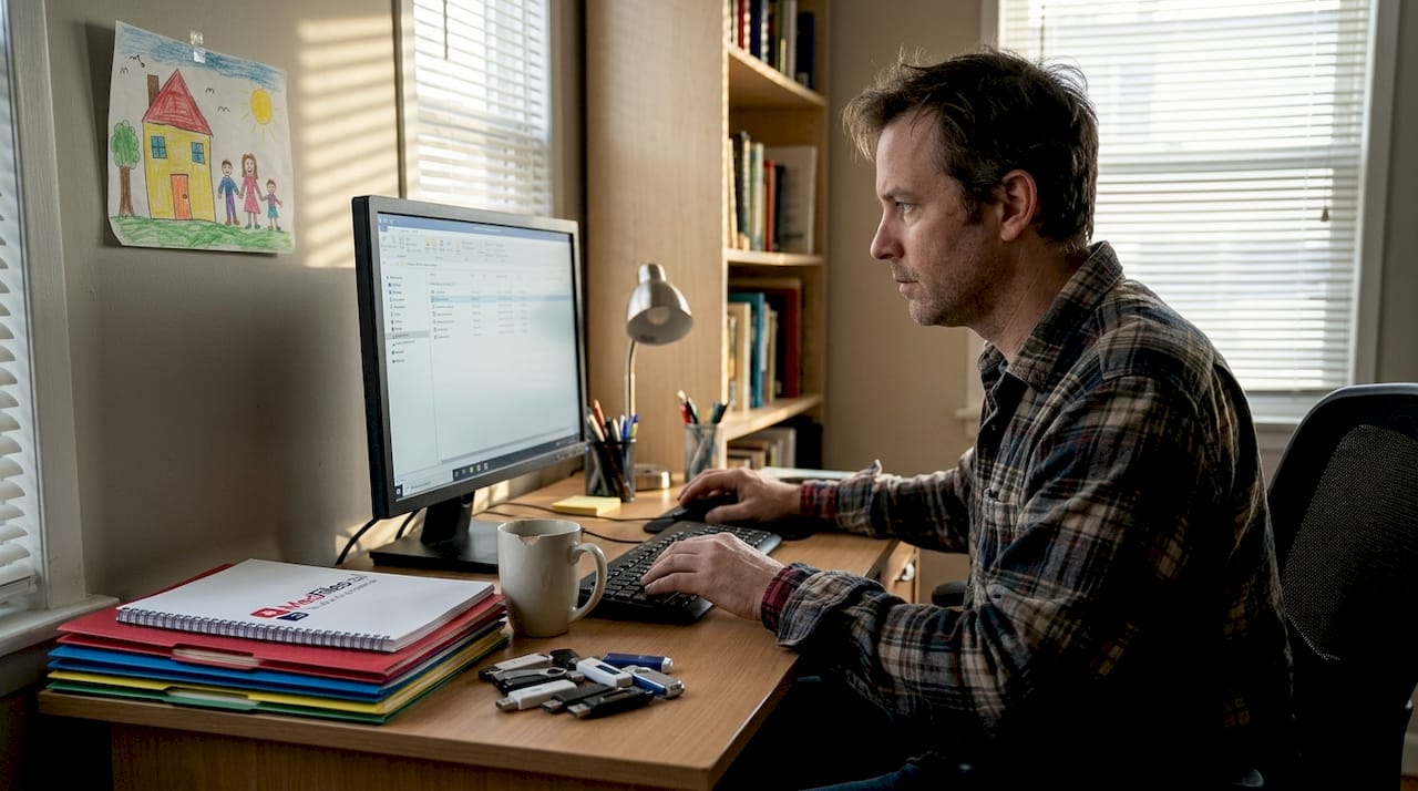 Man labeling digital medical files at home desk