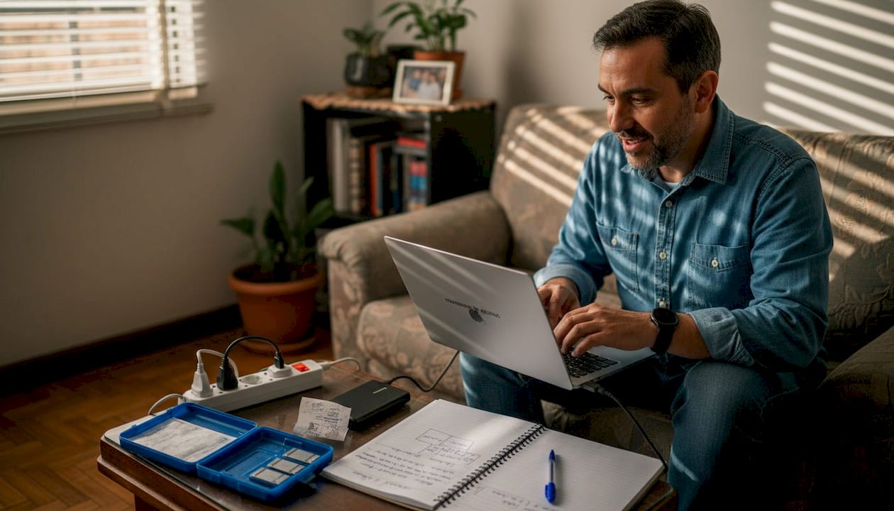 Hombre guardando información médica en un disco duro