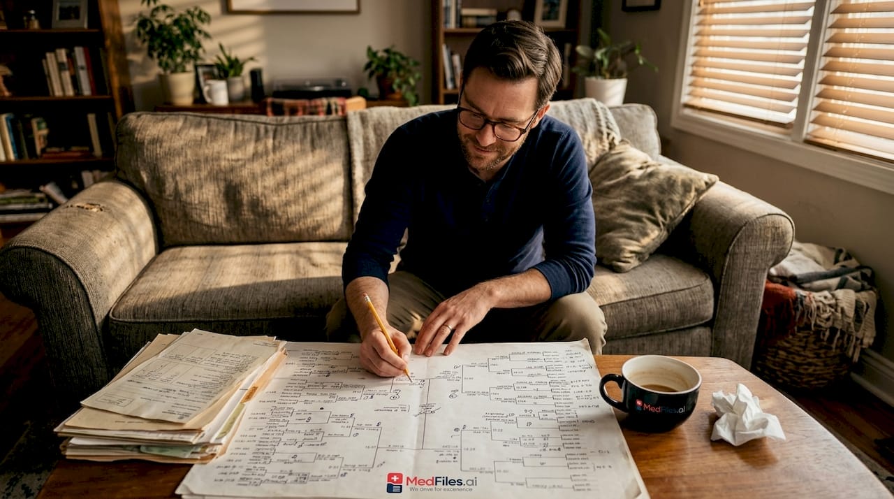 Man reviews family medical chart at home
