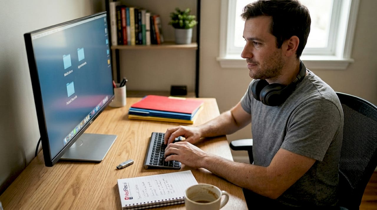 Man organizing digital health files in home office