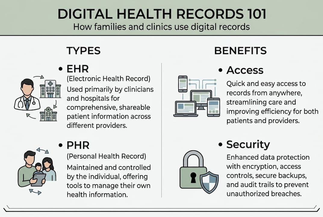 Infographic showing digital health record types and benefits