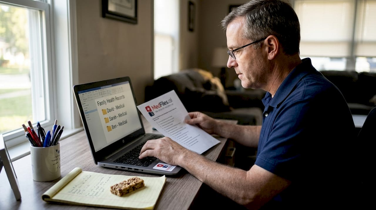 Man organizing medical records into digital folders