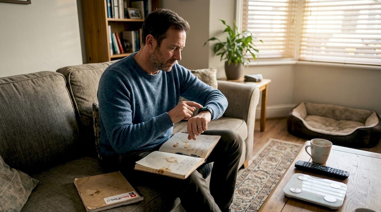 Man updating fitness tracker and notes in living room