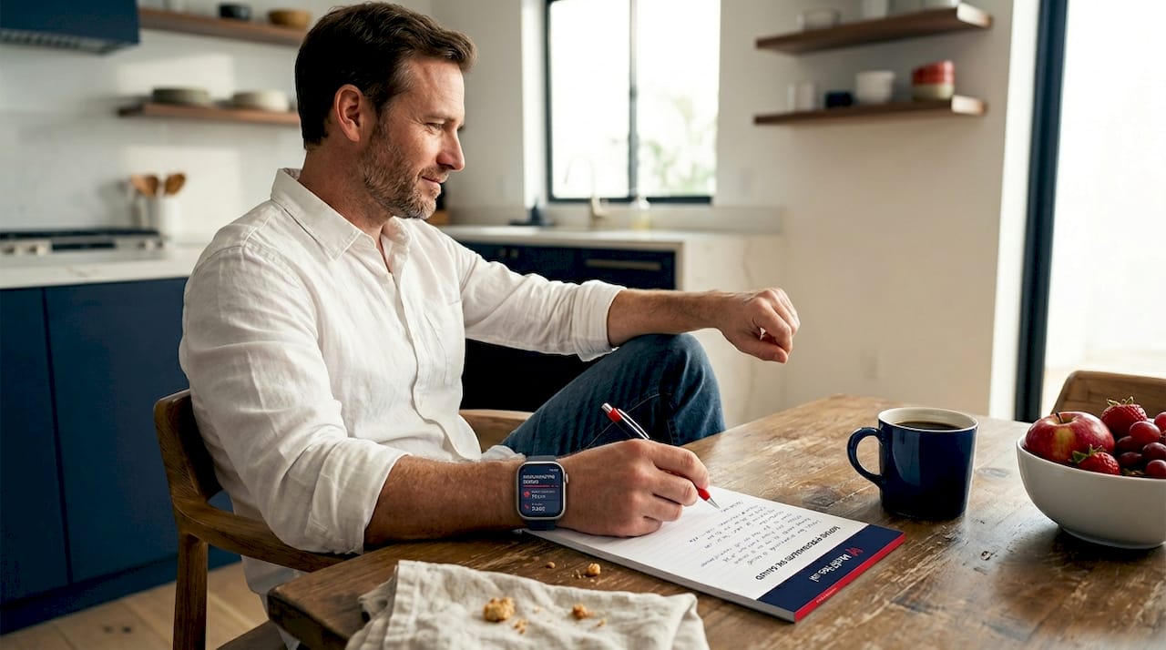 Un hombre consulta las estadísticas de su reloj inteligente mientras está en la cocina.