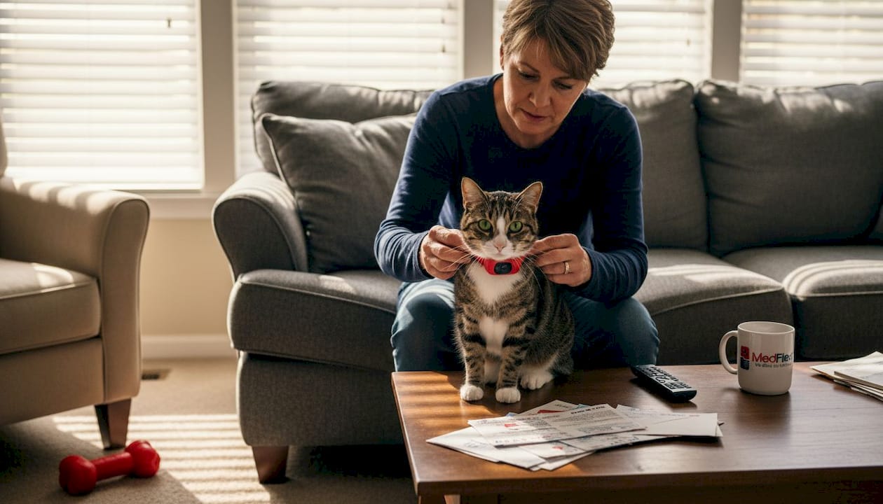 Owner puts smart collar on cat at home