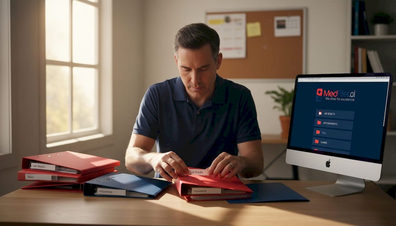 Man labeling folders for medical records