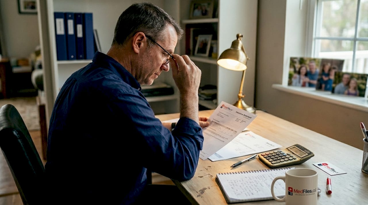 Man reviewing insurance and medical bills at desk