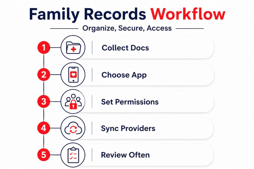 Infographic of steps for family health record workflow