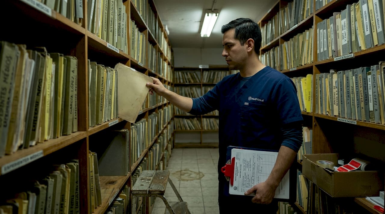 Empleado revisando historiales médicos en la sala de archivos