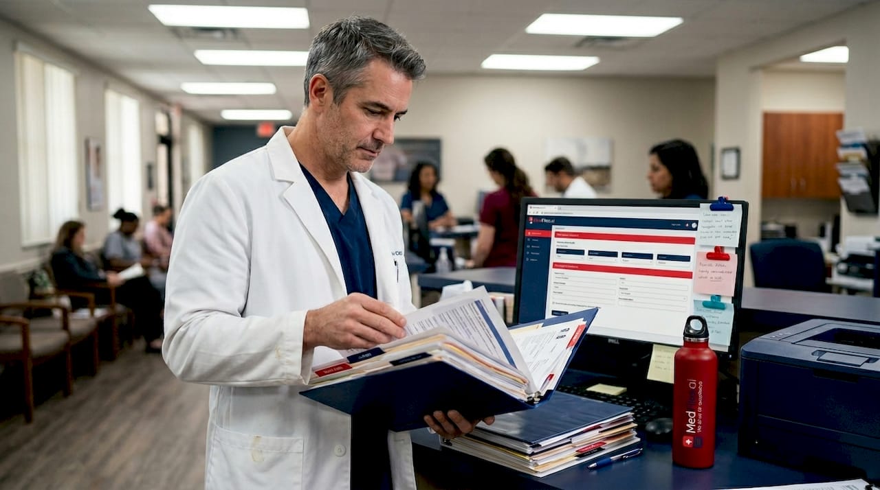 Doctor reviewing fragmented printed health records