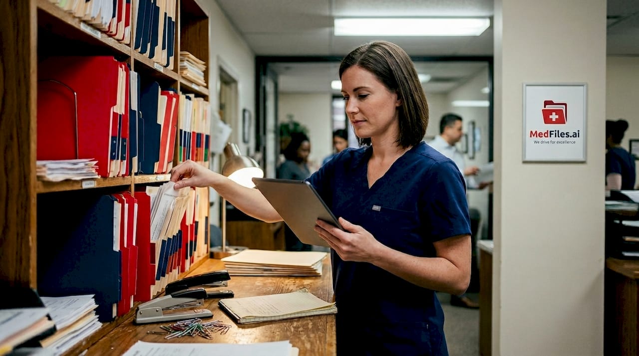 Clinic staff managing paper and digital records