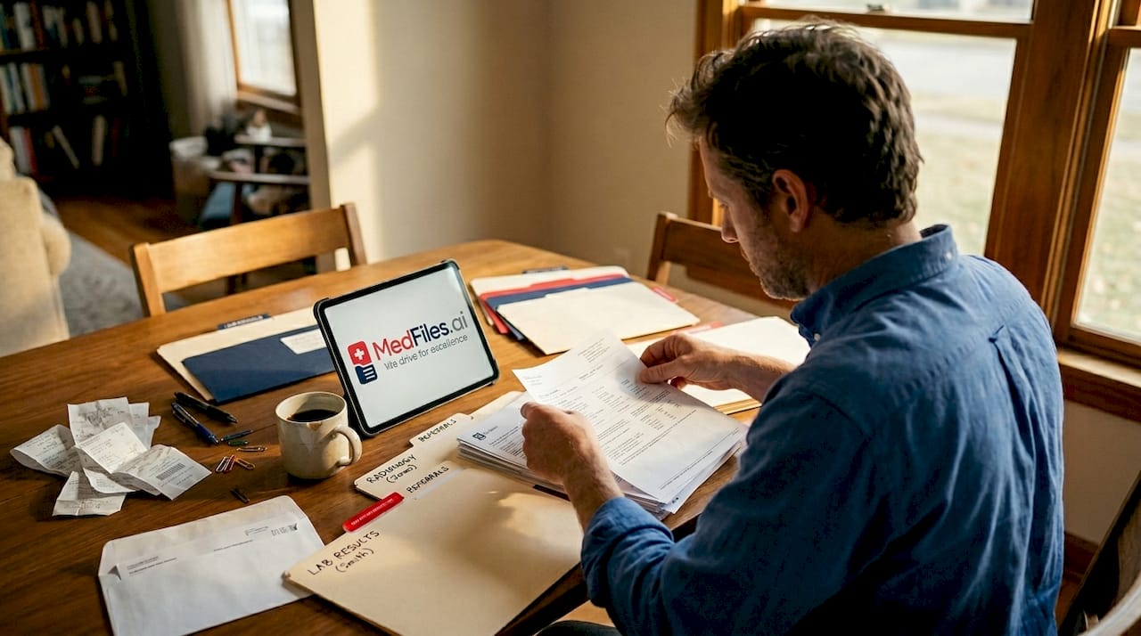 Man sorting folders for health archive