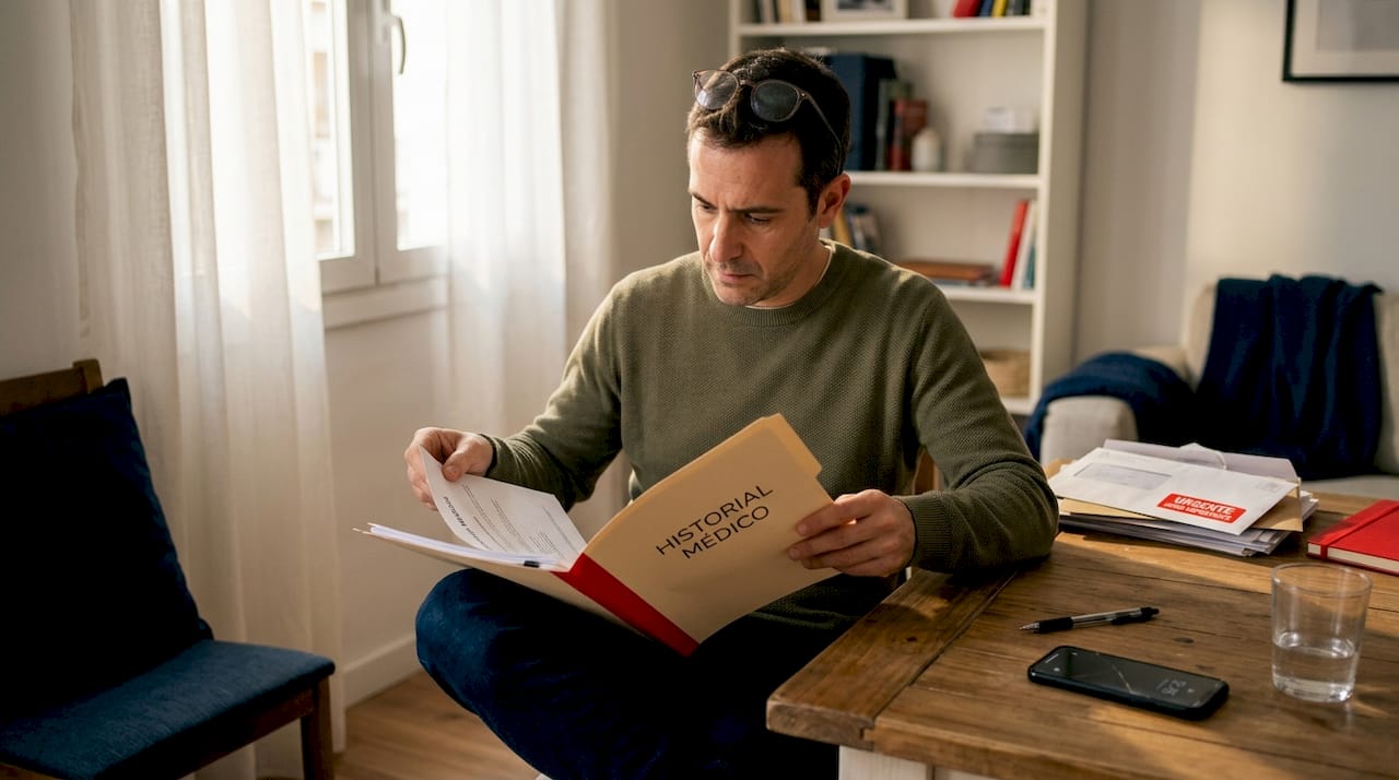 Hombre consultando sus documentos médicos desde casa