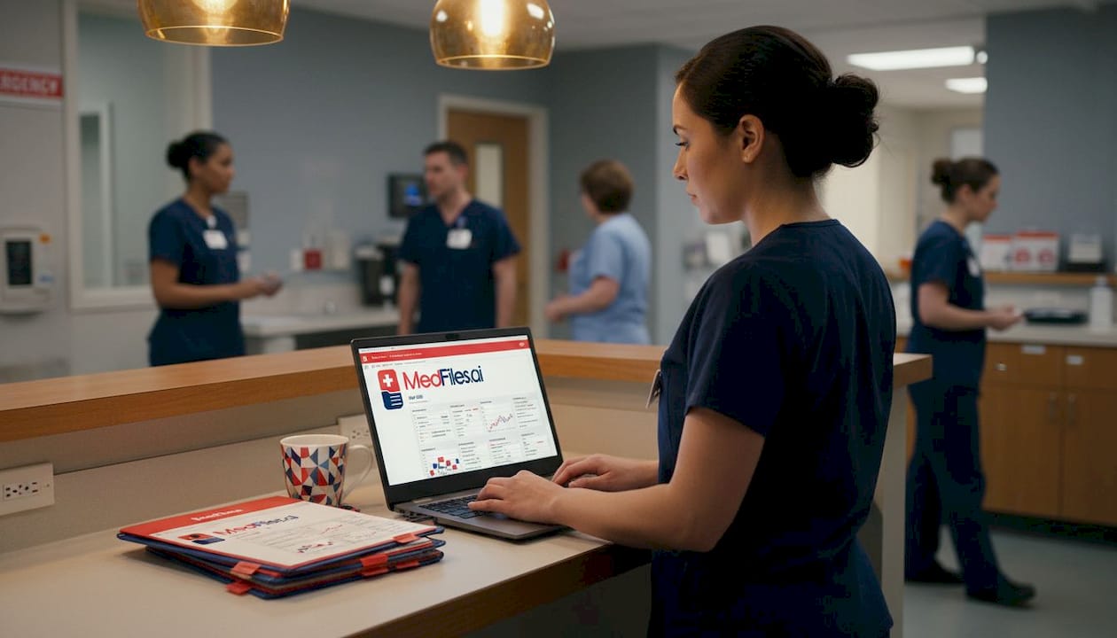 Nurse entering data into hospital EHR at station