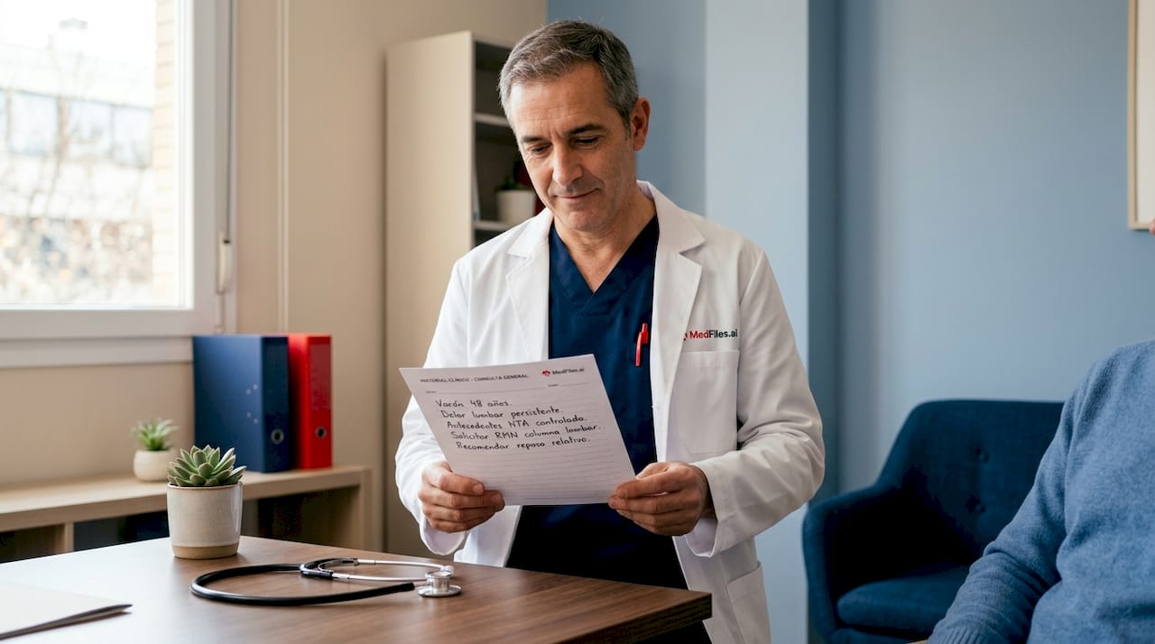 El médico consulta el expediente médico junto al paciente