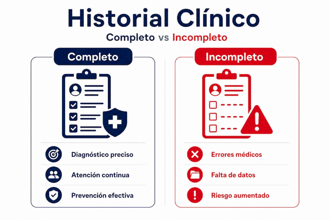 Infografía: diferencias clave entre una historia clínica completa y una incompleta