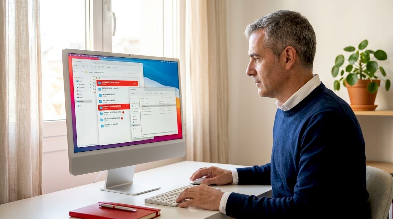 Hombre revisando y organizando información clínica desde su ordenador de escritorio.