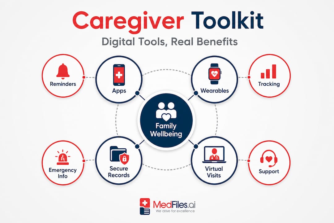 Hierarchy infographic of key digital health tools for caregivers