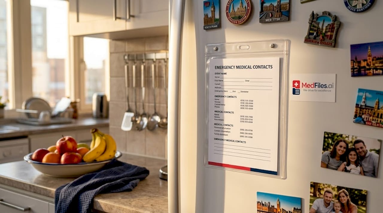 Emergency medical sheet posted on refrigerator