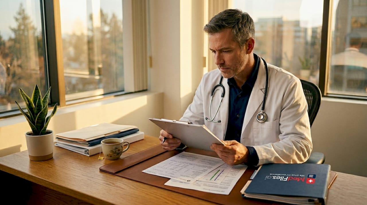 Doctor reviewing patient health records in lounge