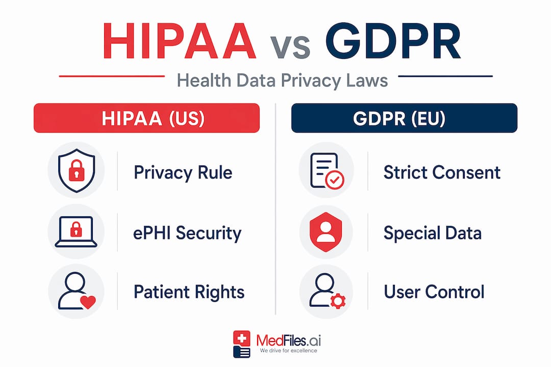 Infographic comparing HIPAA and GDPR health data privacy