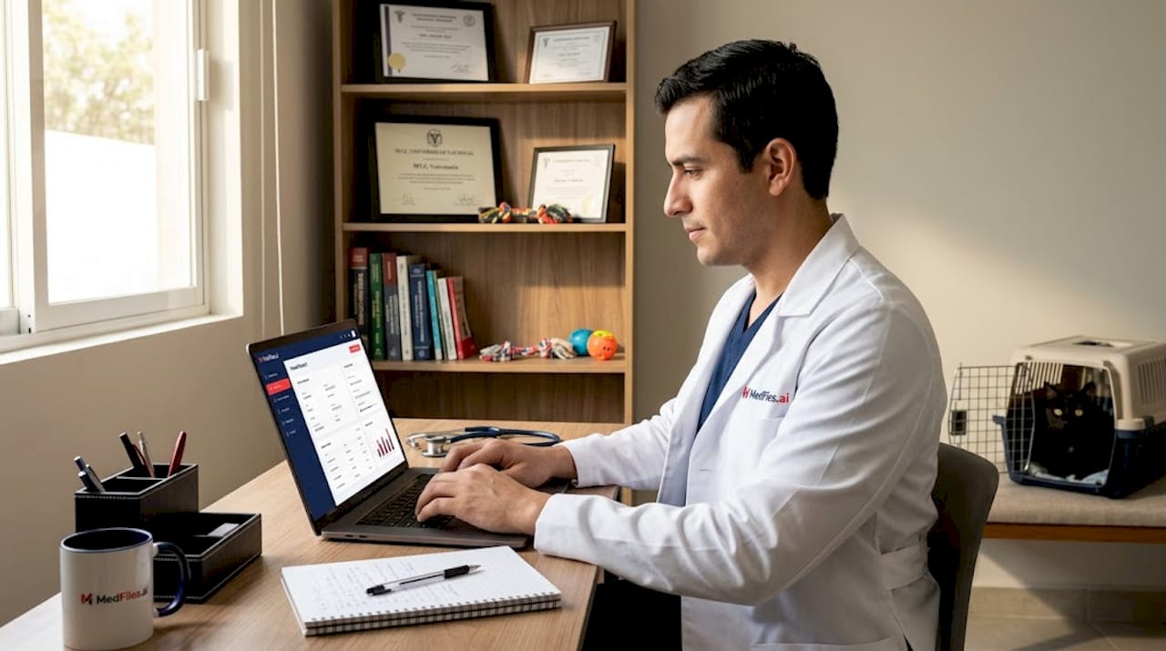 El veterinario actualiza el historial clínico del paciente durante la consulta.