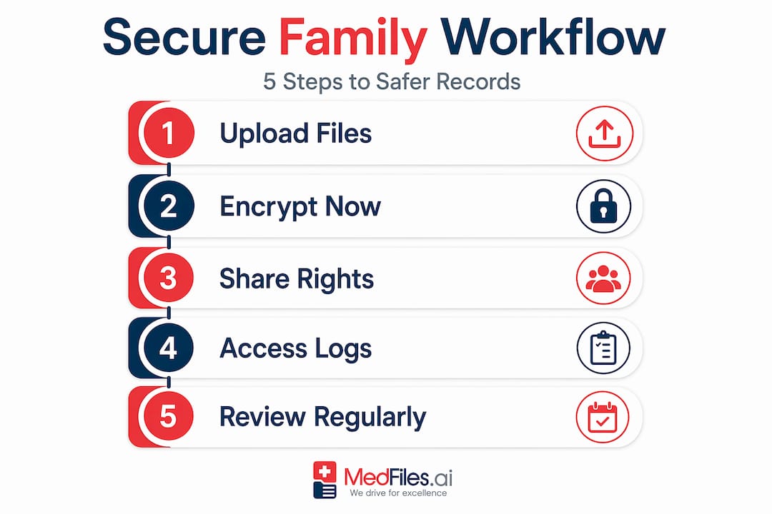 Infographic showing five-step secure medical record workflow