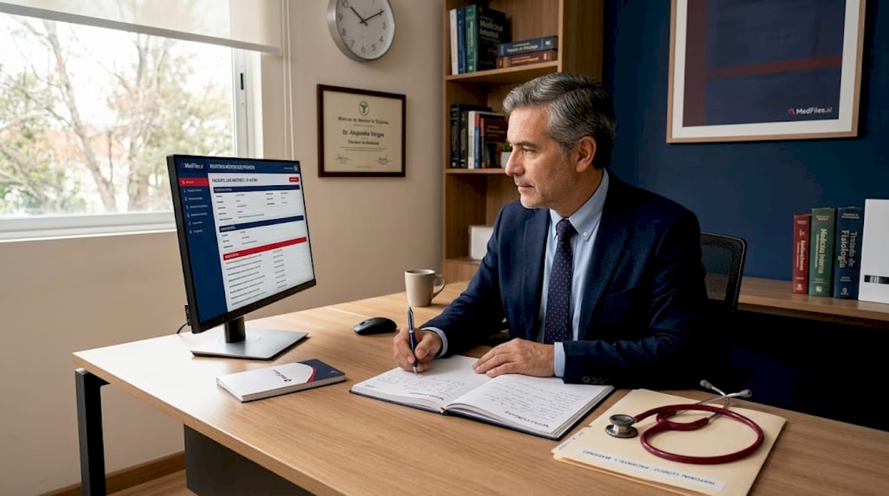 Médico revisando historias clínicas en su escritorio