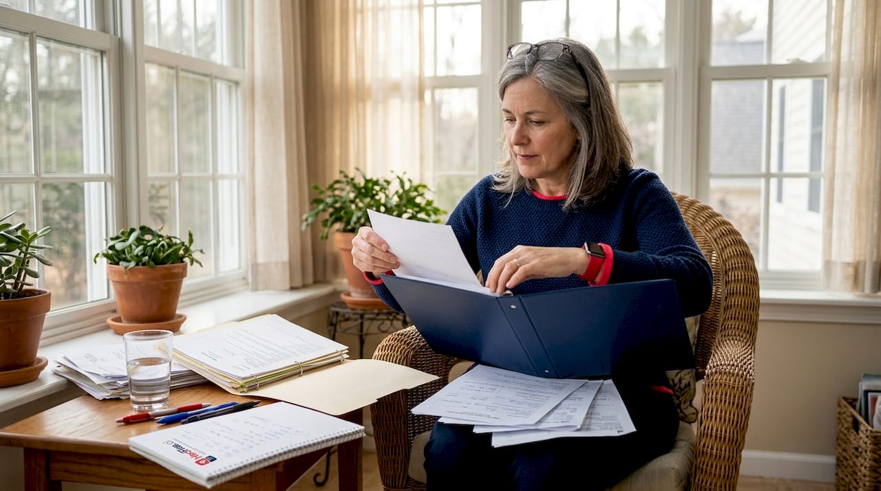 Woman organizing medical files in binder