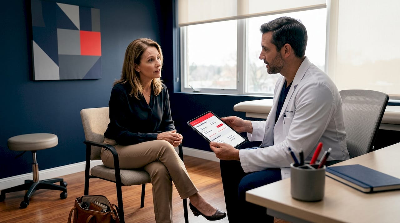El paciente y el médico revisan juntos el resumen de salud.